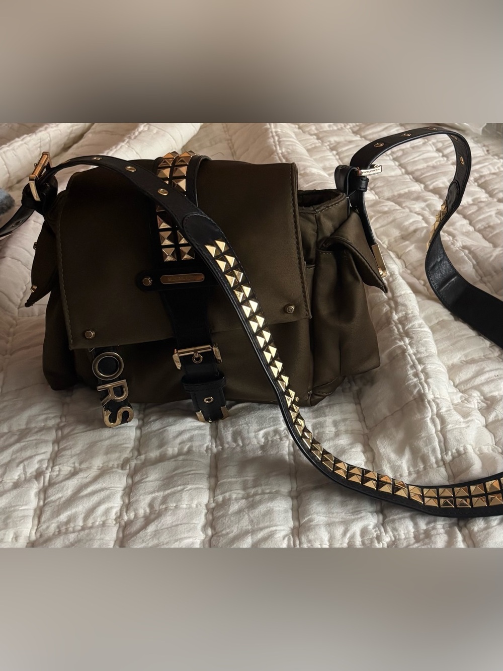 Michael Kors Green/Black studded Satin Olivia Shoulder Bag